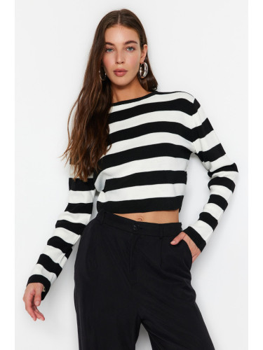 Trendyol Black Crop Basic Striped Knitwear Sweater