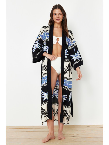 Trendyol Tropical Patterned Belted Maxi Woven Kimono & Kaftan