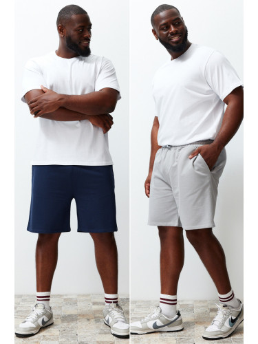 Trendyol Plus Size Grey-Navy Blue 2 Pack Regular/Normal Cut 100% Cotton Shorts