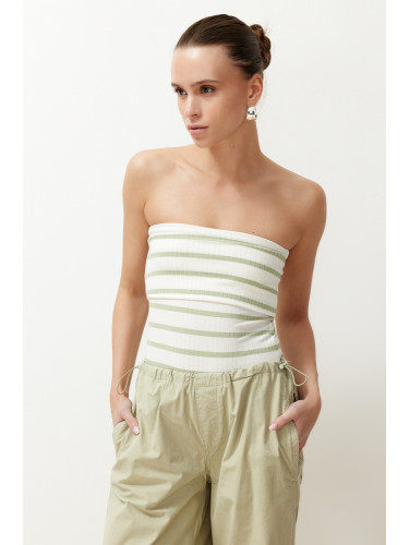 Trendyol Green Striped Strapless Ribbed Stretchy Knitted Blouse