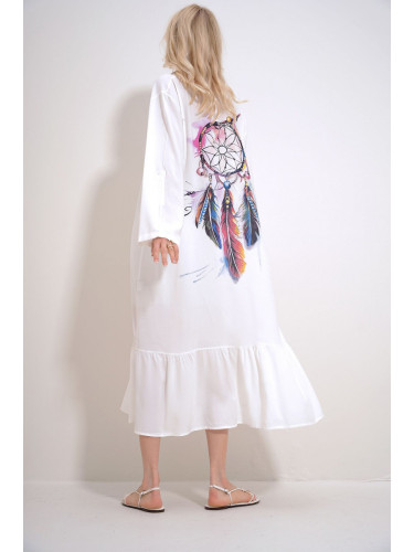 Trend Alaçatı Stili Women's White Single Pocket Skirt Flounced Back Printed Woven Viscose Shirt Dress