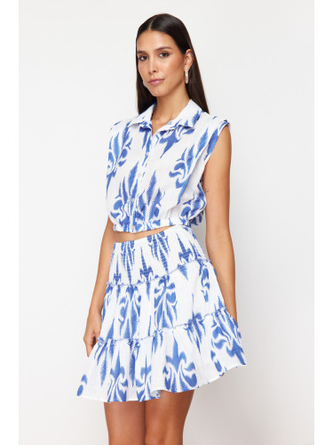 Trendyol Blue Gimped Skirt with Ruffles Linen Look Mini Woven Skirt