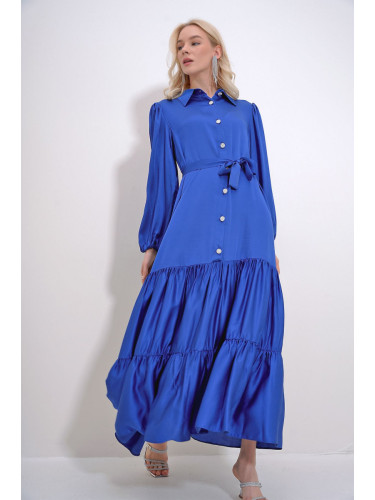 Trend Alaçatı Stili Women's Saks Shirt Collar Stone Button Detailed Skirt Frilly Woven Viscose Dress