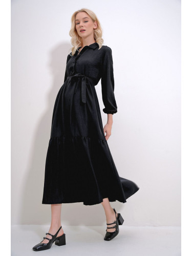 Trend Alaçatı Stili Women's Black Buttoned Front Skirt Flounced Flamed Linen Maxiboy Dress