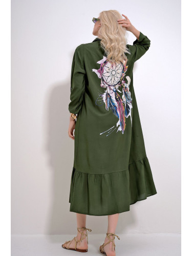 Trend Alaçatı Stili Women's Khaki Single Pocket Skirt Flounced Back Printed Woven Viscose Shirt Dress