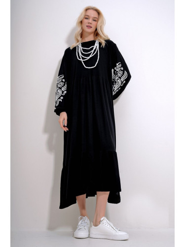 Trend Alaçatı Stili Women's Black Crew Neck Sleeves Flock Printed Skirt Flounced Waist Belted Dress