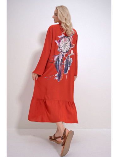 Trend Alaçatı Stili Women's Tile Single Pocket Skirt Flounced Back Printed Woven Viscose Shirt Dress