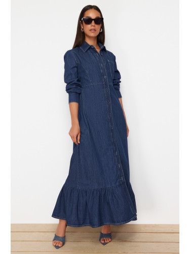 Trendyol Dark Blue Ruffle Hem Maxi Modest Denim Shirt Dress