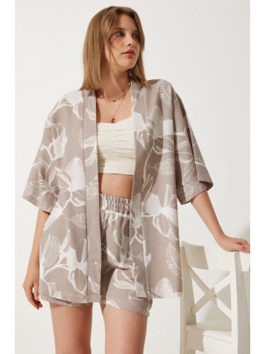 Happiness İstanbul Women's Stone Tropical Patterned Summer Raw Linen Kimono Shorts