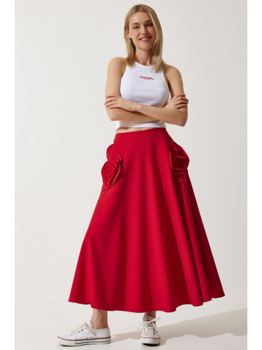 Happiness İstanbul Women's Red Rose Accessory Design Premium Midi Skirt