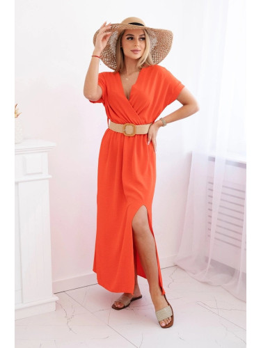 Women's long dress with decorative belt - dark orange