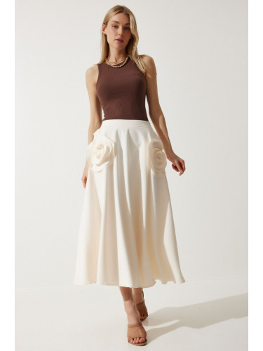 Happiness İstanbul Women's Cream Rose Accessory Design Premium Midi Skirt