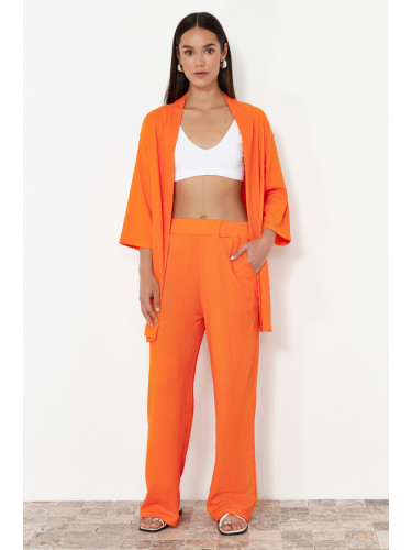 Trendyol Orange Relaxed/Comfortable Cut Kimono Knitted Top and Bottom Set