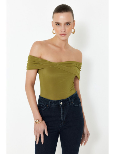 Trendyol Fat Green Carmen Collar Fitted Stretchy Crop Knitted Blouse