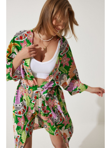 Happiness İstanbul Women's Green Summer Viscose Kimono Shorts Set