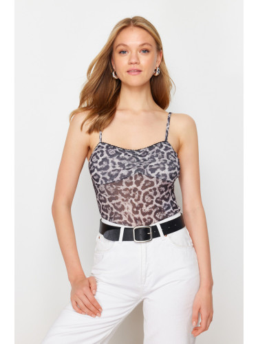 Trendyol Multicolored Animal Printed Special Textured V-Neck Strap Stretchy Knitted Blouse