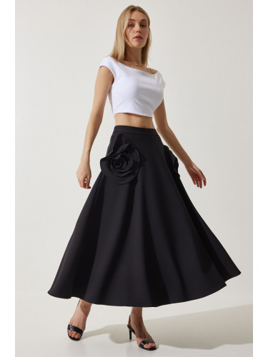 Happiness İstanbul Women's Black Rose Accessory Design Premium Midi Skirt