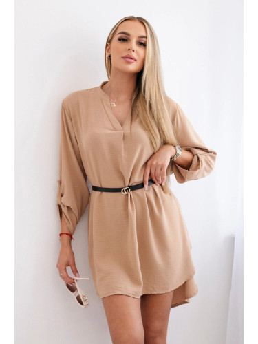 Women's dress with a longer back and belt - beige camel