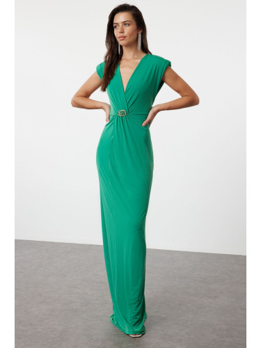 Trendyol Emerald Green Shiny Stone Buckle Detailed Long Evening Dress