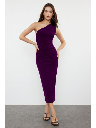Trendyol Dark Purple Straight One-Shoulder Draped Fitted Stretchy Knitted Dress