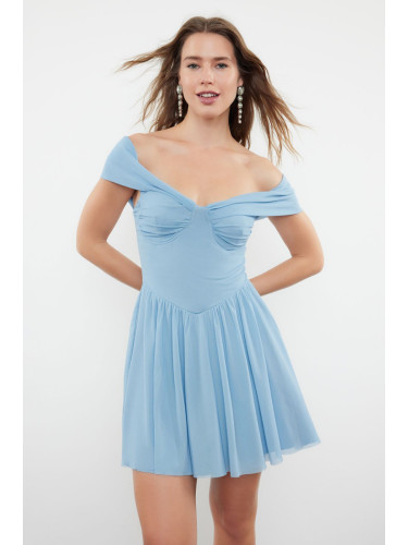 Trendyol Light Blue A-Line Carmen Collar Woven Dress