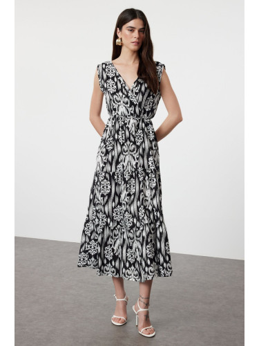 Trendyol Black Ethnic Patterned A-Line Double Breasted Neck Midi Viscose Woven Dress