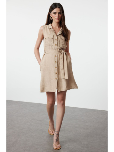 Trendyol Brown Belted Linen Look Mini Woven Shirt Dress