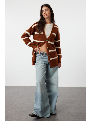 Trendyol Brown Wide Fit Soft Textured Striped Knitwear Cardigan