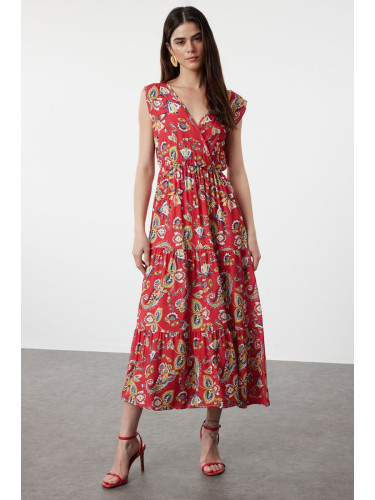 Trendyol Red Ethnic A-Line Double Breasted Neck Viscose Woven Dress