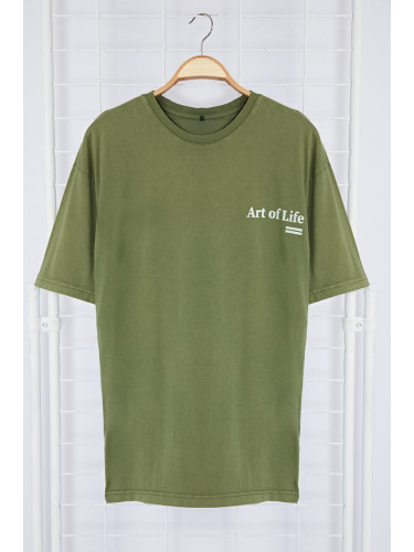 Trendyol Khaki Oversize/Wide Cut Faded Effect Text Printed 100% Cotton T-Shirt