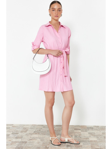 Trendyol Pink Belted Fabric Textured Mini Woven Shirt Dress