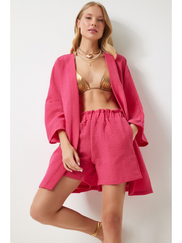 Happiness İstanbul Women's Pink Summer Ayrobin Kimono Shorts Set