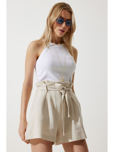 Happiness İstanbul Women's Cream High Waist Belted Linen Shorts