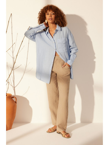 Trendyol Blue 100% Linen Oversize Shirt