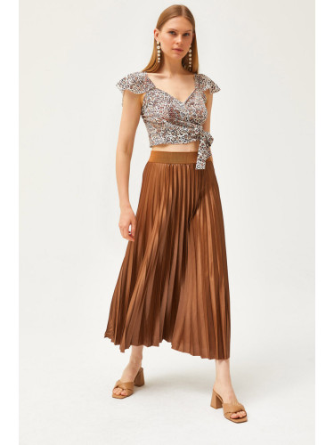 Olalook Milk Brown Leather Look A-Line Pleat Skirt