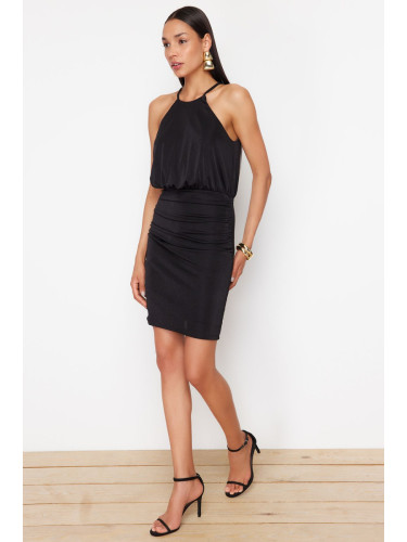Trendyol Black Draped Bright Surface Soft Texture Lined Knitted Mini Pencil Dress