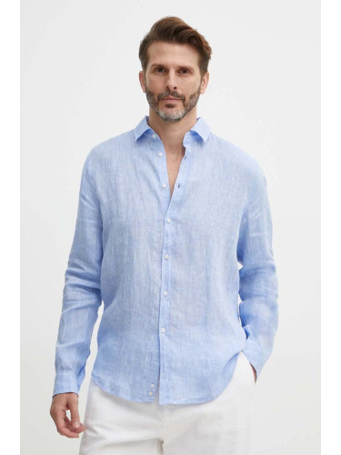 Ленена риза Sisley в синьо със стандартна кройка