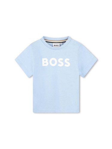 Бебешка памучна тениска BOSS в синьо с принт