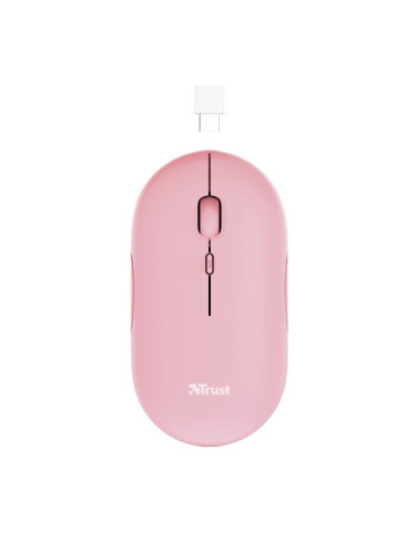 Мишка Trust Puck Pink (24125), оптична (1600 dpi), безжична, Bluetooth, USB, розова, ултратънък дизайн