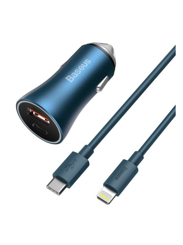Зарядно устройство Baseus Golden Contactor Pro в комплект с Lightning кабел (TZCCJD-03), от автомобилна запалка към USB C(ж) и USB A(ж), синьо, 40w
