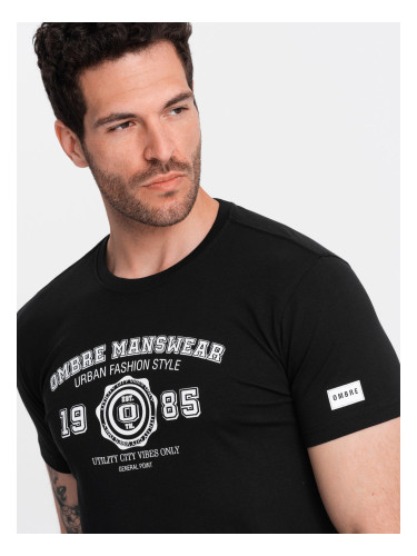 Ombre T-shirt męski z nadrukiem w stylu college – czarny