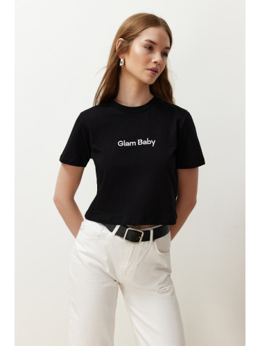 Trendyol Black 100% Cotton Slogan Printed Regular Crop Knitted T-Shirt