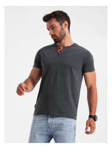 Ombre Men's t-shirt with unbuttoned round henley neckline - black