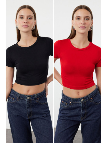 Trendyol Premium Red-Black 2 Pack Crop Viscose/Soft Fabric Stretchy Knitted Blouse