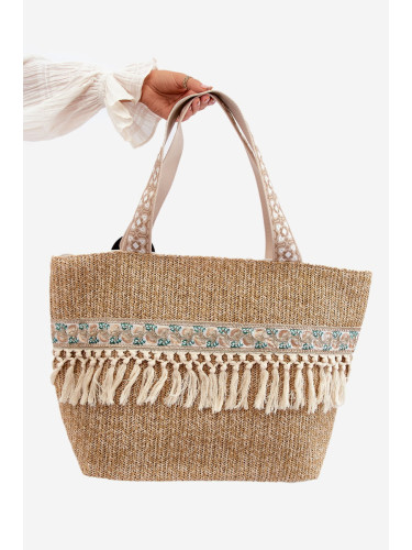 Large woven beach bag with fringe, light brown Missalori