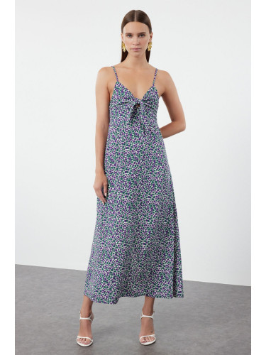 Trendyol Purple Floral Floral Patterned Straight Cut Tie Detailed Strap Midi Woven Dress