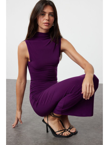 Trendyol Purple Straight Sleeve Draped Bodycone/Fitting Flexible Knitted Dress