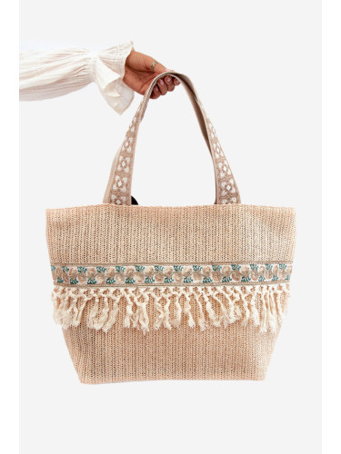 Large woven beach bag with fringes, beige Missalori