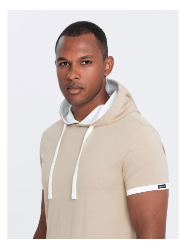 Ombre Men's casual cotton t-shirt with hood - beige