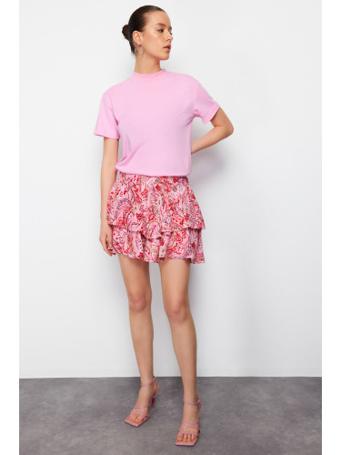 Trendyol Red Shawl Pattern Ruffled Viscose Woven Shorts with Elastic Waist Detail